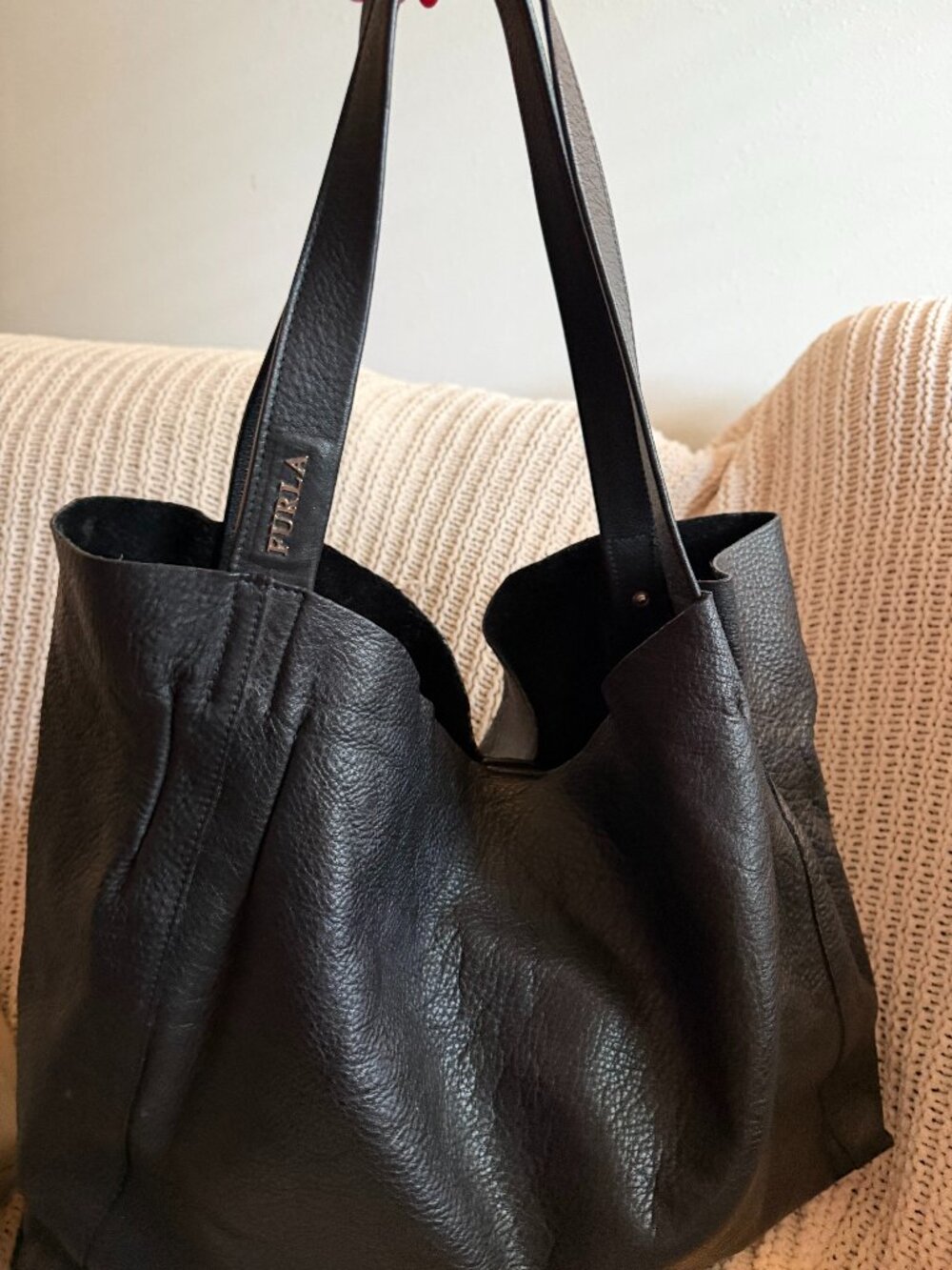 Furla Oversized Slouchy Pebbled Leather Shoulder Tote Black Made in Italy